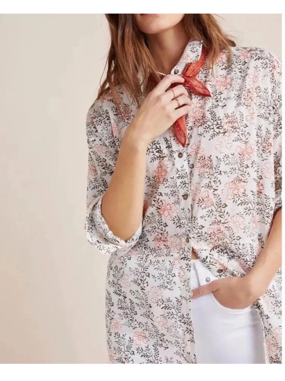 Anthropologie Enchanted Floral Button down Blouse Top White Embroidered Size M/L